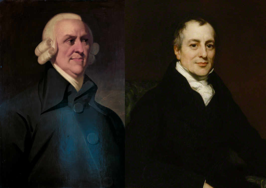 Adam Smith till vänster och David Ricardo till höger. Bild: Public domain.