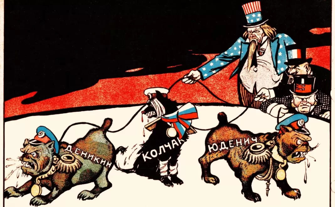 Ententens hundar (1919), Viktor Deni. "Uncle Sam", Frankrike och Storbritannien håller i kopplet på de vita generalerna Denikin, Koltjak och Judenitj.