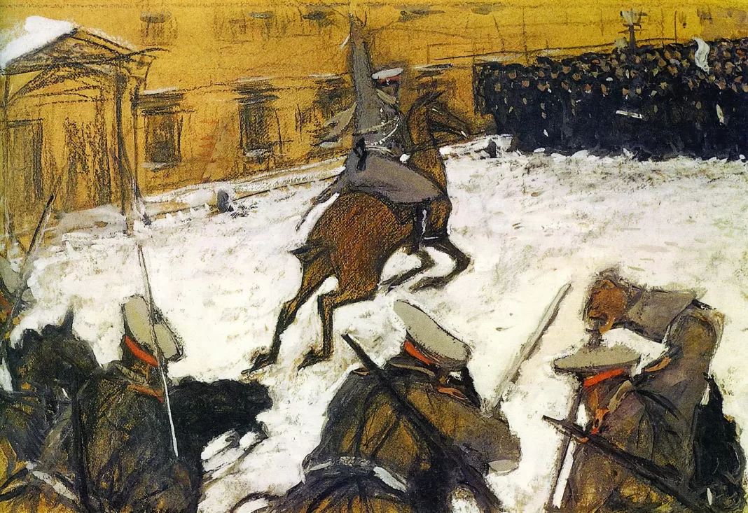 "Soldater, tappra pojkar! Var är er ära nu?" (1905), Valentin Serov. Avbildar antingen händelserna under Blodiga söndagen eller skingrandet av en demonstration i Moskva i oktober 1905. Bild: Public domain