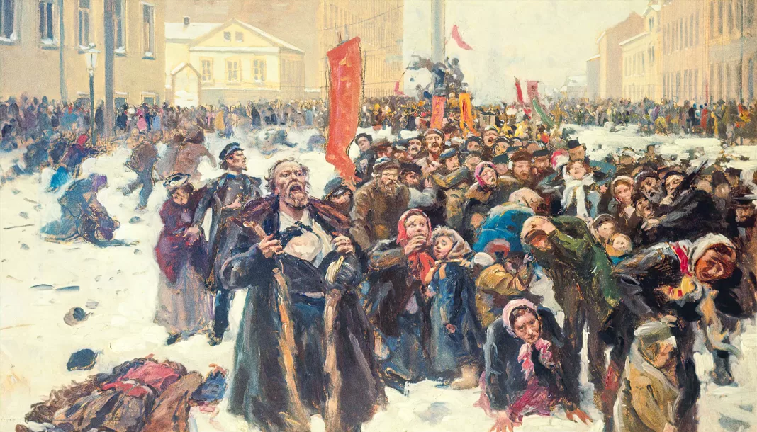 9 januari 1905 på Vasilijön (Blodiga söndagen) (1905), Vladimir Makovskij. Bild: Public domain