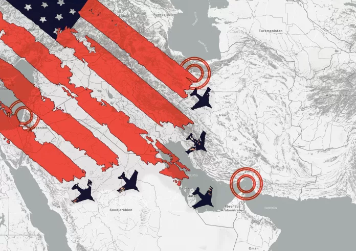 Karta över Iran med amerikanska flygplan och amerikansk flagga